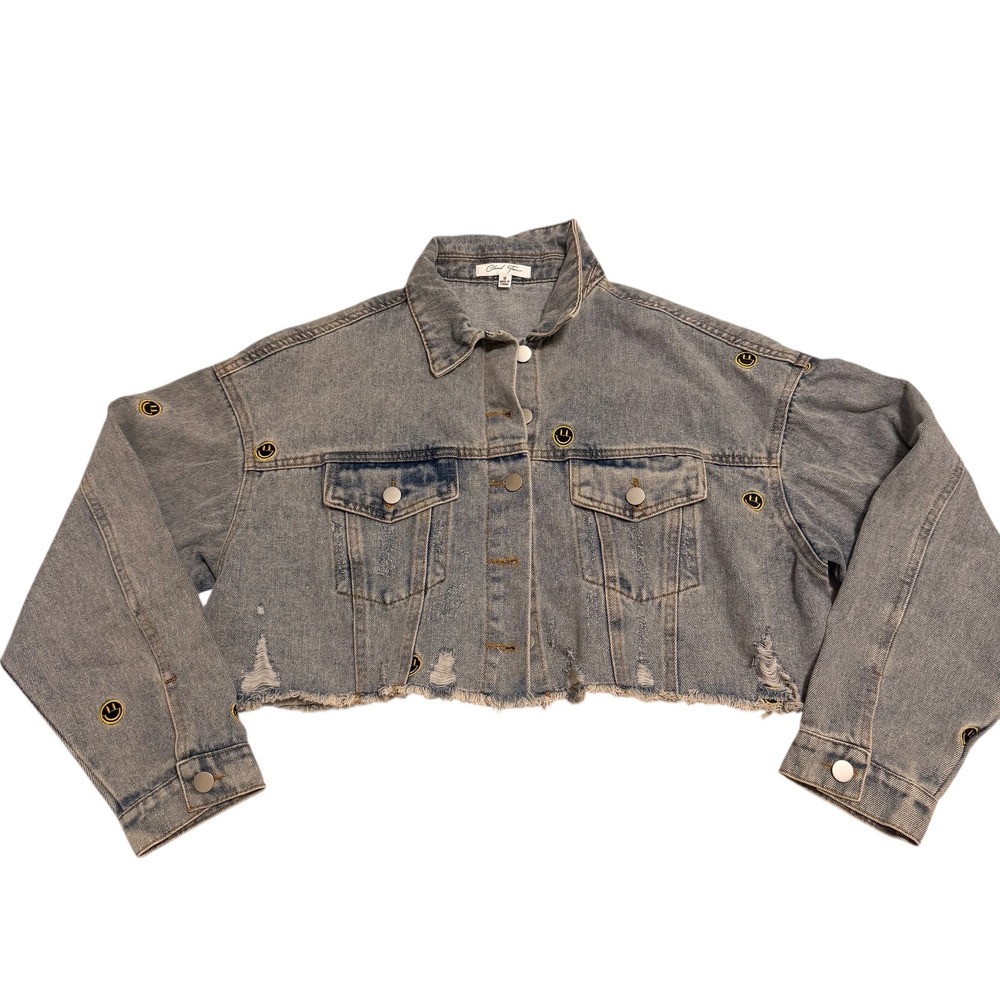 Cloud Ten Women's Size M Smiley Face Patch Cropped Denim Jean Jacket Grunge - Picture 6 of 10